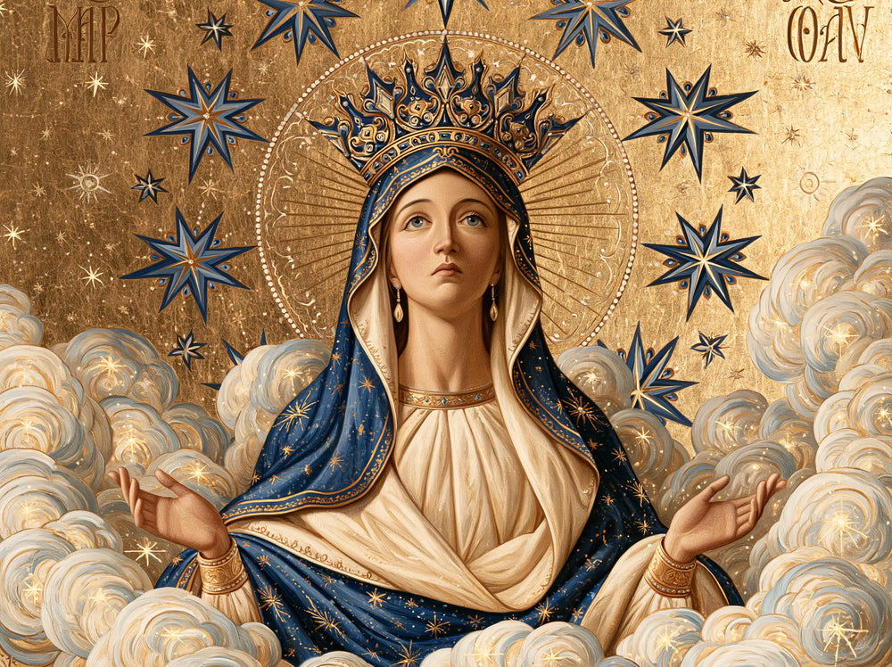 Mary as Queen of Heaven in a contemporary Byzantine icon in Contemporary Byzantine style, landscape Christian artwork no. 2