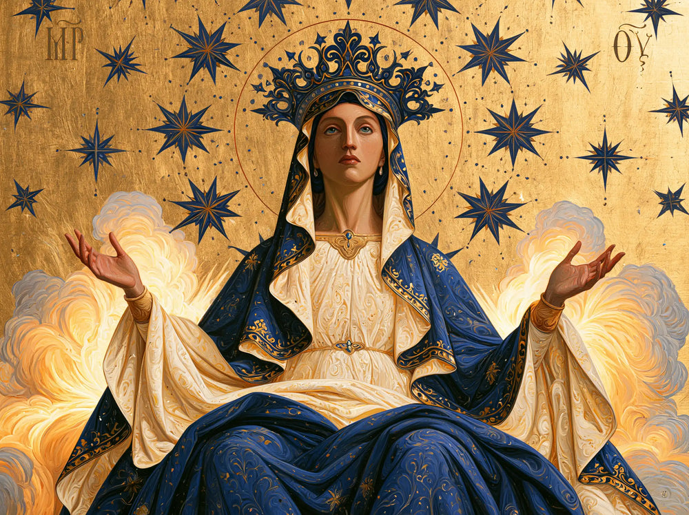Mary as Queen of Heaven in a contemporary Byzantine icon in Contemporary Byzantine style, landscape Christian artwork no. 5