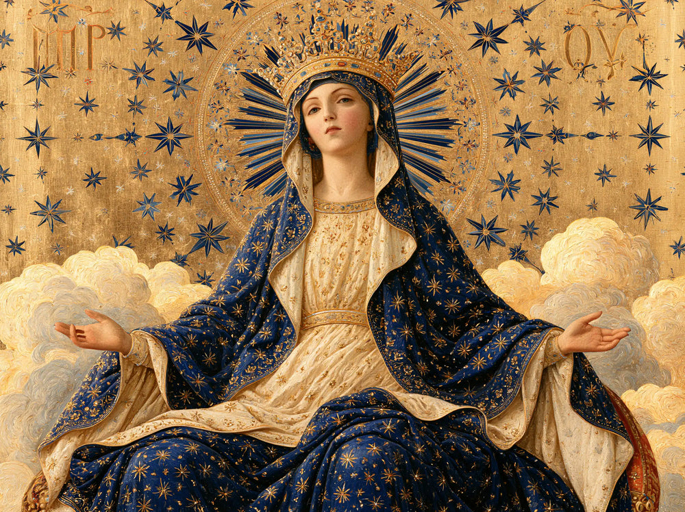 Mary as Queen of Heaven in a contemporary Byzantine icon in Contemporary Byzantine style, landscape Christian artwork no. 9