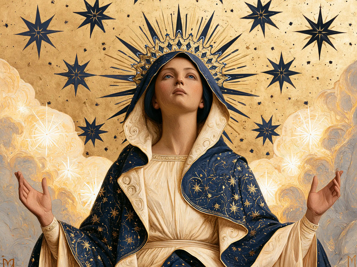 Mary, Queen of Heaven — The Uplifted Gaze in the Azure Crown
