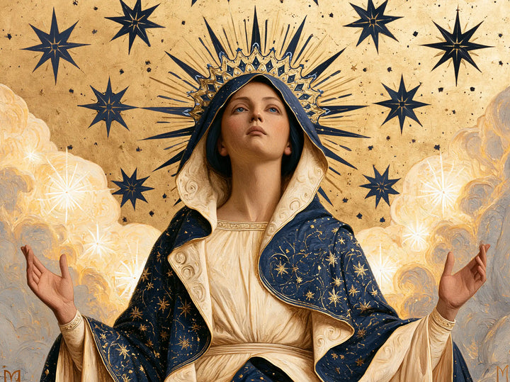 Mary, Queen of Heaven — The Uplifted Gaze in the Azure Crown