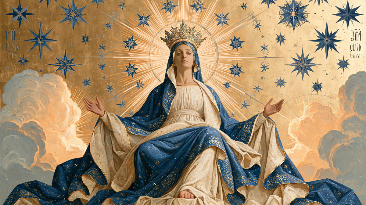 Mary, Queen of Heaven — The Mantle Spread over Pearly Clouds