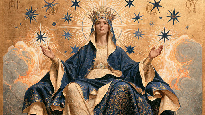 Mary, Queen of Heaven — The Uplifted Gaze Above Blue Embroidery