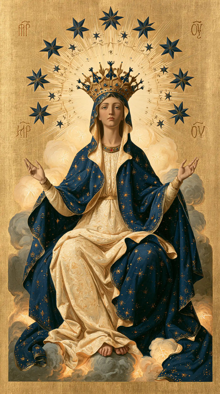 Mary, Queen of Heaven — Raised Palms in the Stillness of Golden Clouds