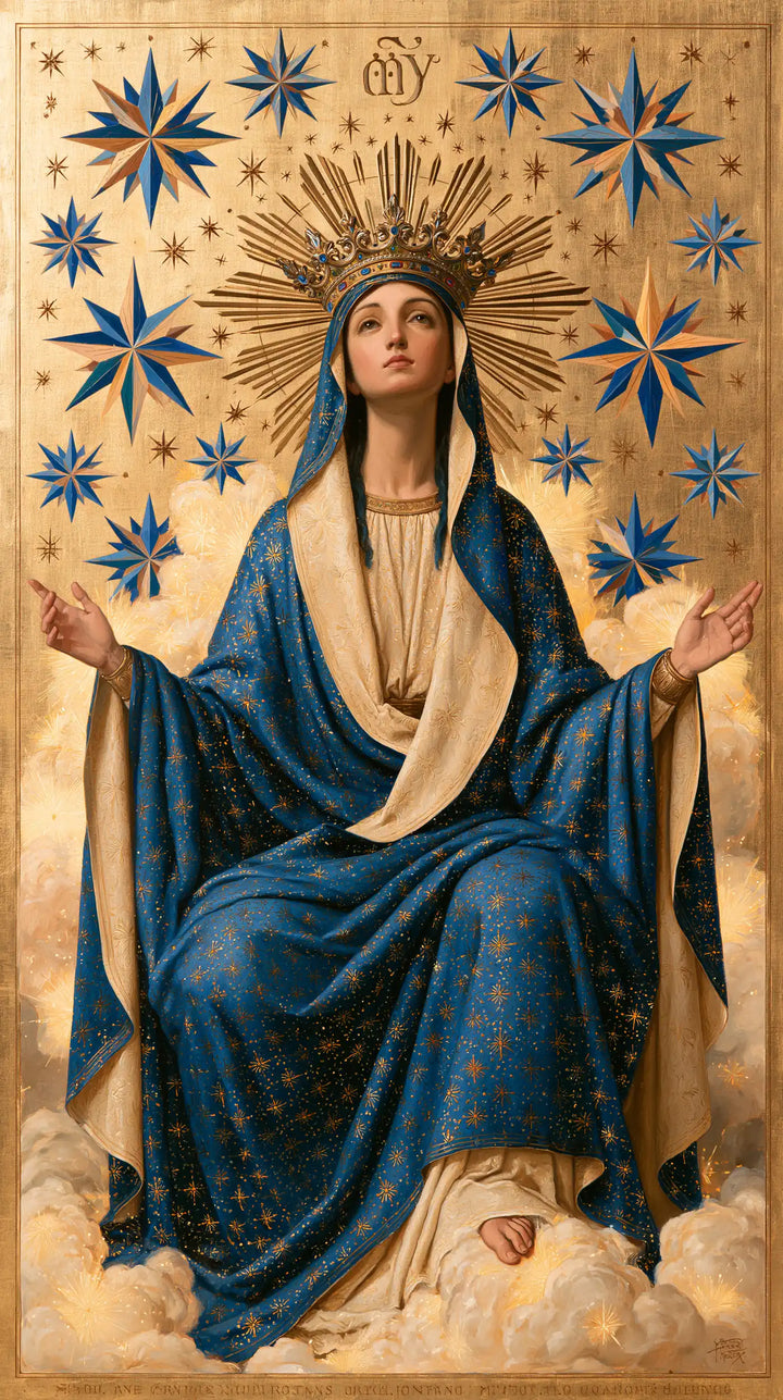 Mary, Queen of Heaven — The Uplifted Gaze in the Light of Blue Stars