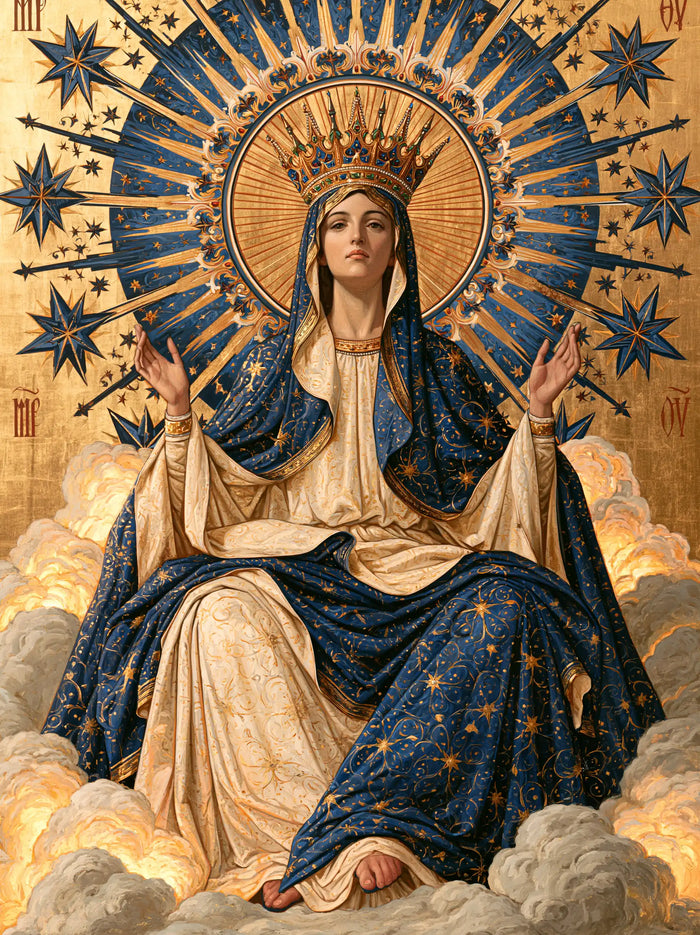 Mary, Queen of Heaven — The Azure Wheel Behind the Throne of Clouds