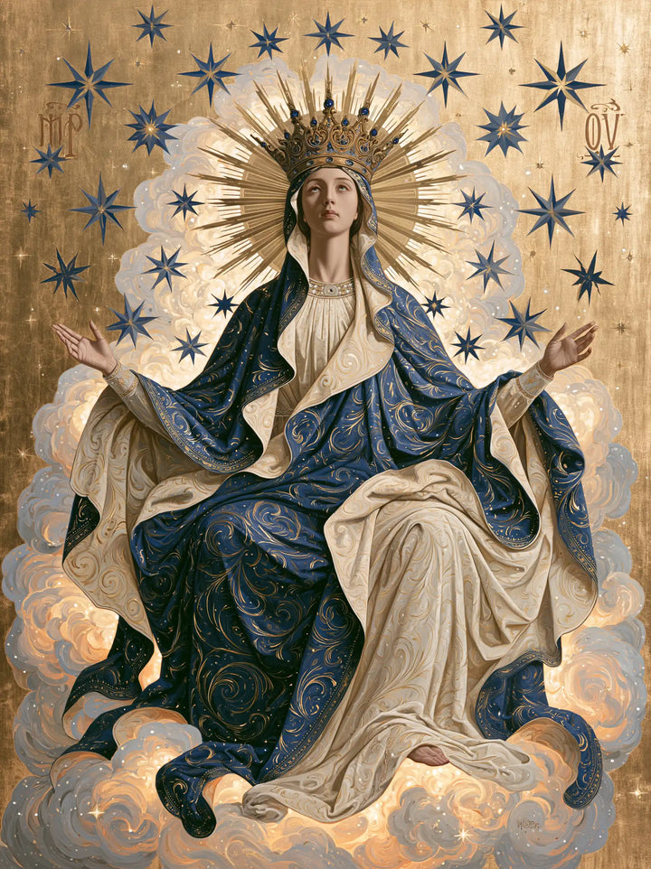 Mary, Queen of Heaven — The Pearly Robe Amid Blue Clouds