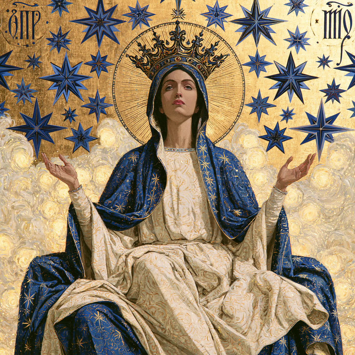 Mary as Queen of Heaven in a contemporary Byzantine icon in Contemporary Byzantine style, square Christian artwork no. 8