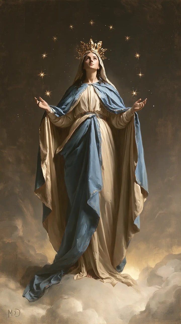 Mary, Queen of Heaven — The Crossed Mantle Beneath Widely Spaced Stars