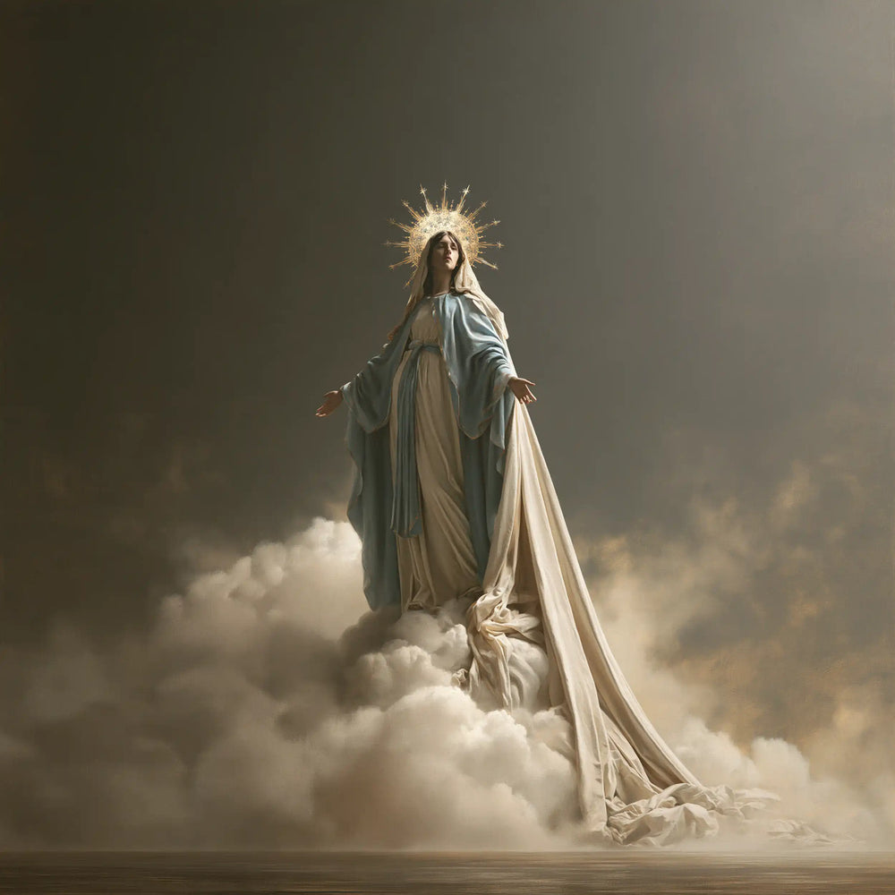Mary as Queen of Heaven in a minimalist composition in Contemporary Minimalism style, square Christian artwork no. 5