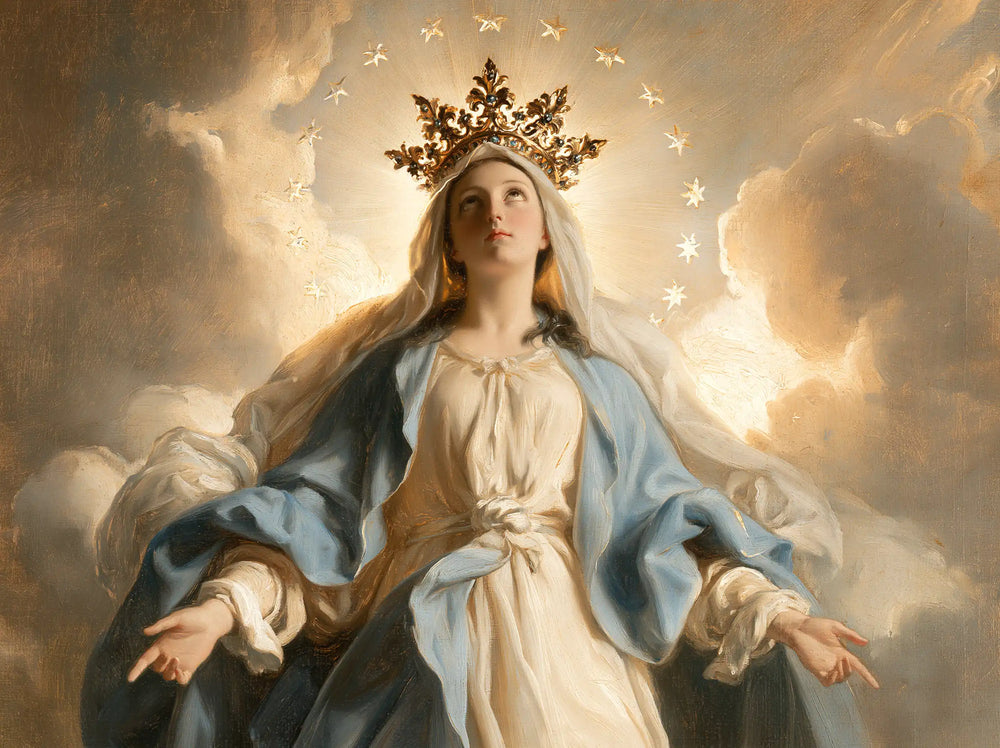 Mary with the heavenly crown as the central symbol in The Crown as Central Symbol style, landscape Christian artwork no. 1