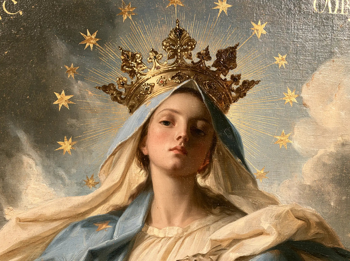 Mary with the heavenly crown as the central symbol in The Crown as Central Symbol style, landscape Christian artwork no. 4