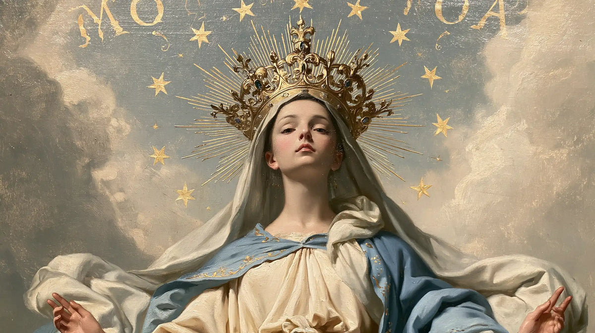 Mary with the heavenly crown as the central symbol in The Crown as Central Symbol style, landscape Christian artwork no. 10