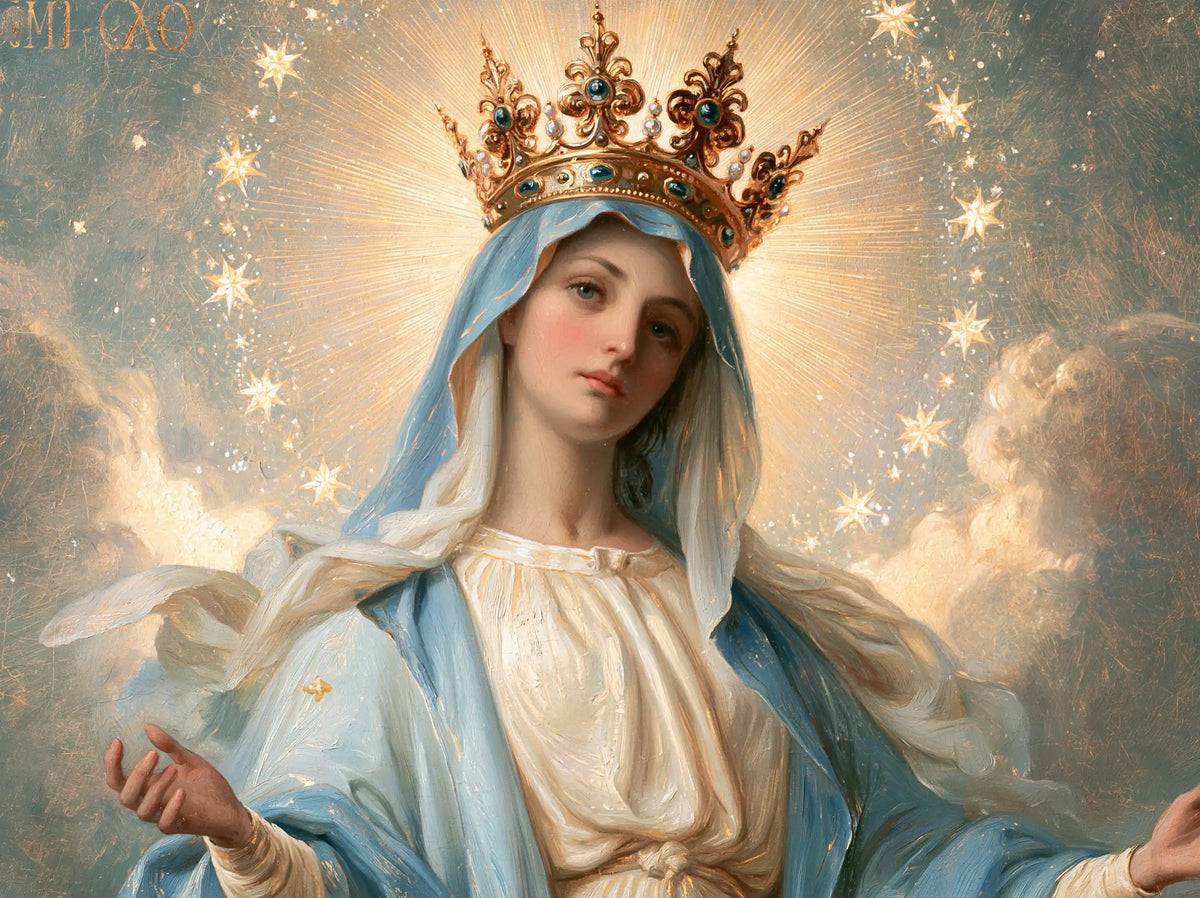 Mary with the heavenly crown as the central symbol in The Crown as Central Symbol style, landscape Christian artwork no. 12