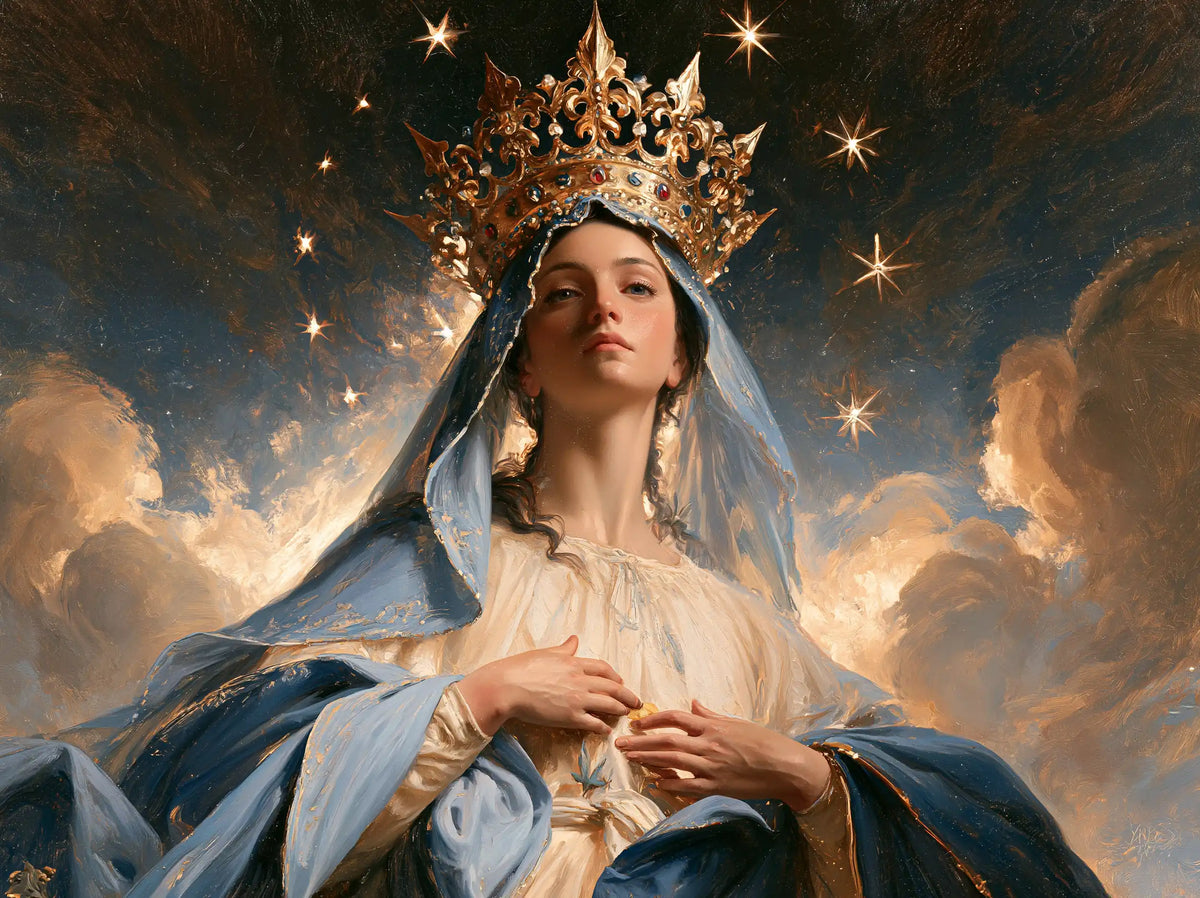 Mary with the heavenly crown as the central symbol in The Crown as Central Symbol style, landscape Christian artwork no. 15