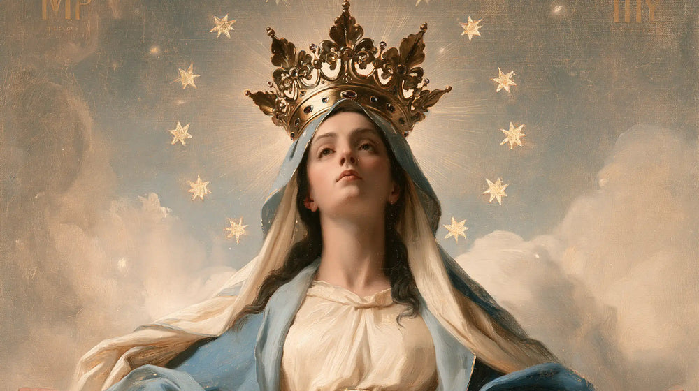 Mary with the heavenly crown as the central symbol in The Crown as Central Symbol style, landscape Christian artwork no. 16