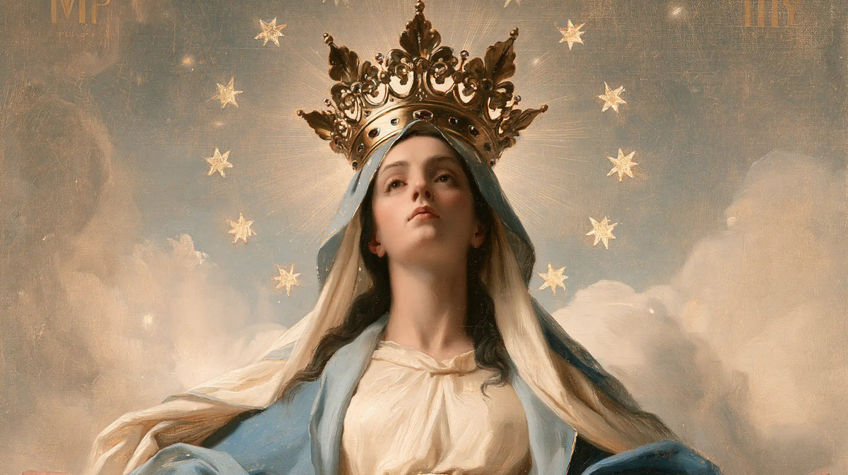 Mary with the heavenly crown as the central symbol in The Crown as Central Symbol style, landscape Christian artwork no. 16