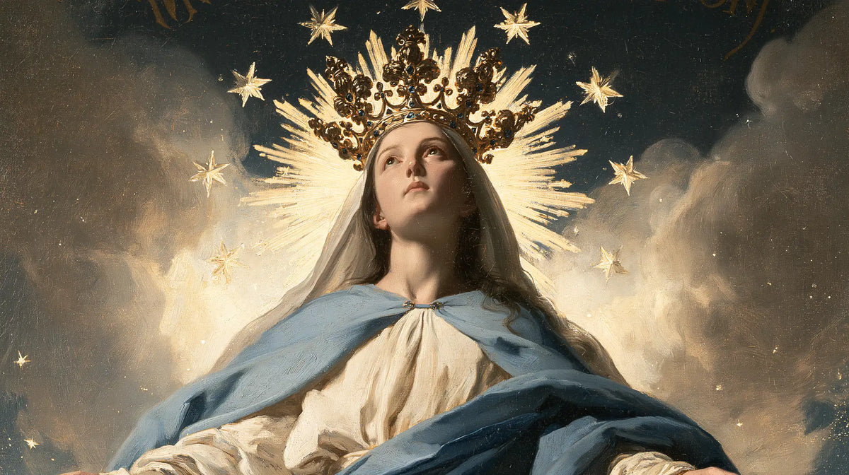Mary with the heavenly crown as the central symbol in The Crown as Central Symbol style, landscape Christian artwork no. 18