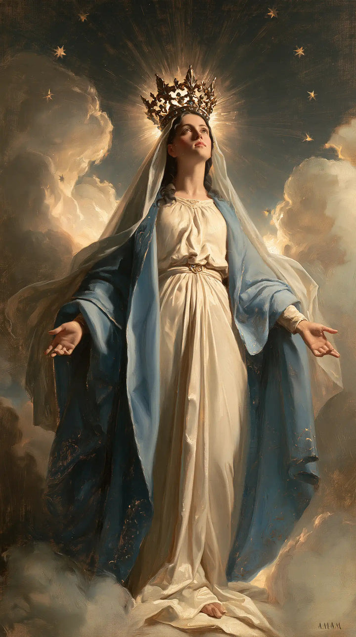 Mary, Queen of Heaven — The Uplifted Gaze Between Golden Clouds