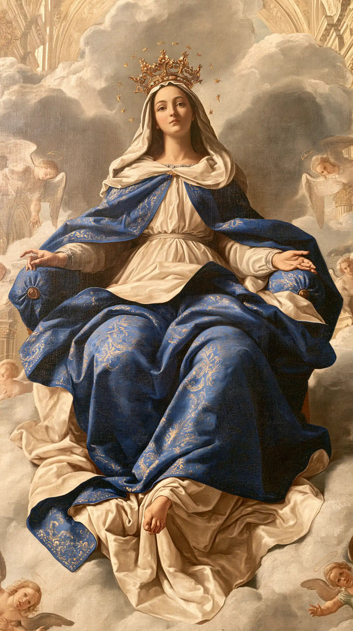 Mary, Queen of Heaven — Peaceful Hands Above Embroidered Folds
