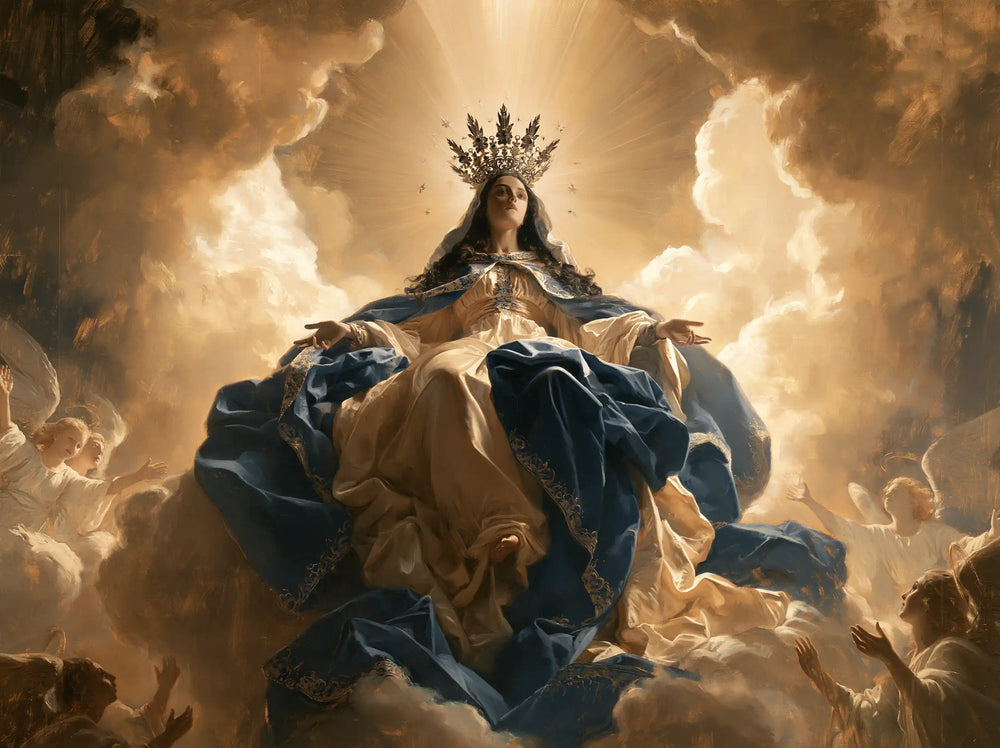Mary glorified as Queen of Heaven in Heavenly Glory style, landscape Christian artwork no. 3