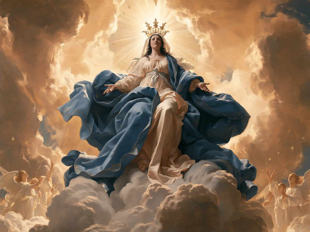 Mary glorified as Queen of Heaven in Heavenly Glory style, landscape Christian artwork no. 7