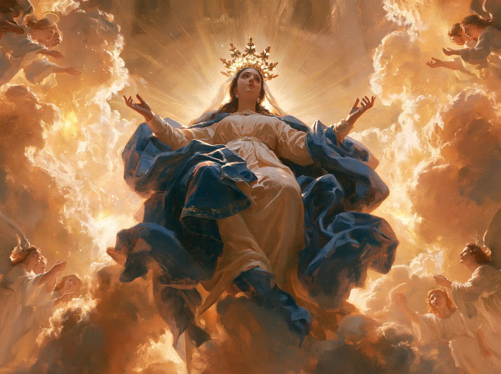 Mary glorified as Queen of Heaven in Heavenly Glory style, landscape Christian artwork no. 11