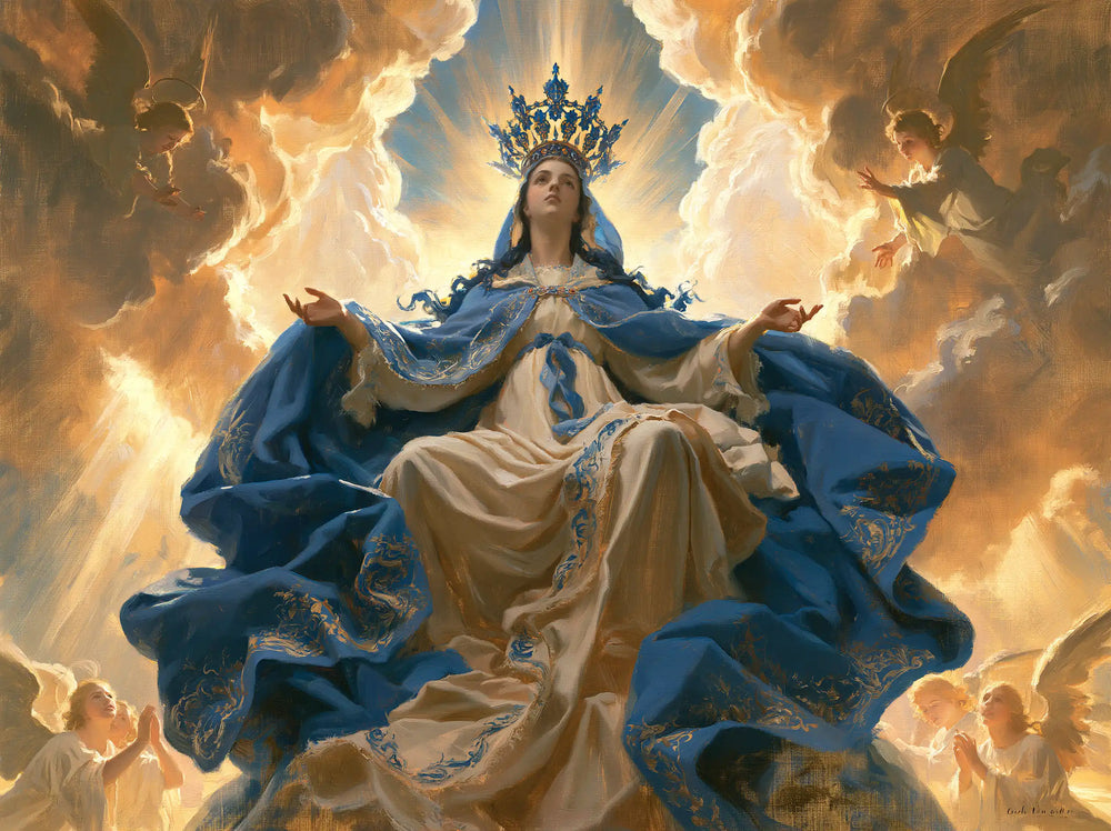 Mary glorified as Queen of Heaven in Heavenly Glory style, landscape Christian artwork no. 12