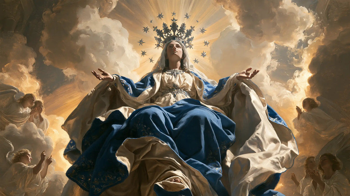 Mary glorified as Queen of Heaven in Heavenly Glory style, landscape Christian artwork no. 18