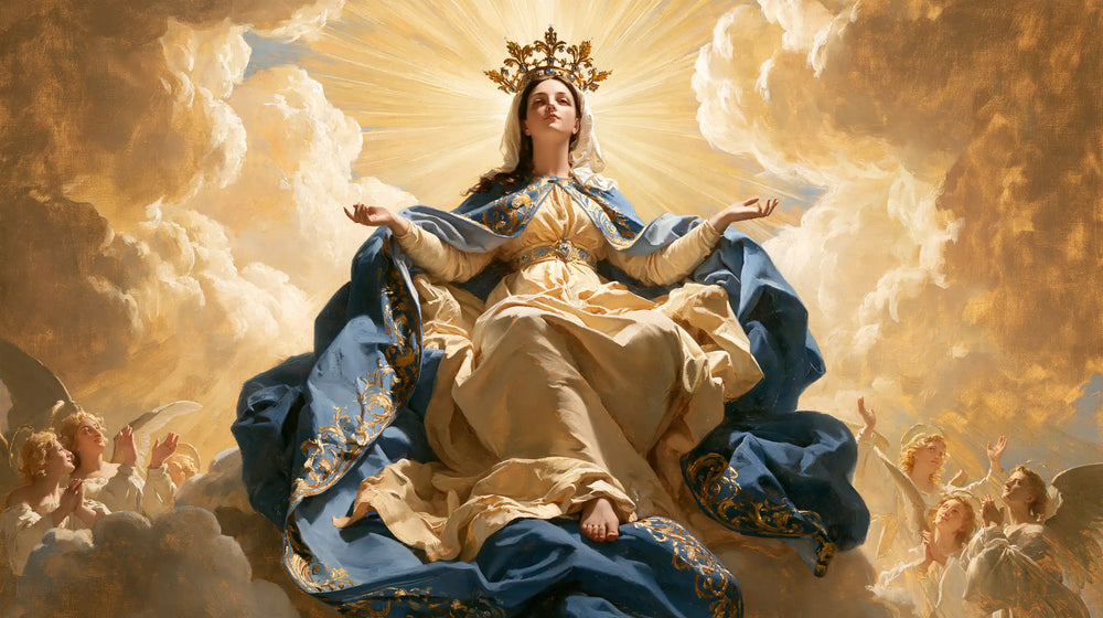 Mary glorified as Queen of Heaven in Heavenly Glory style, landscape Christian artwork no. 19