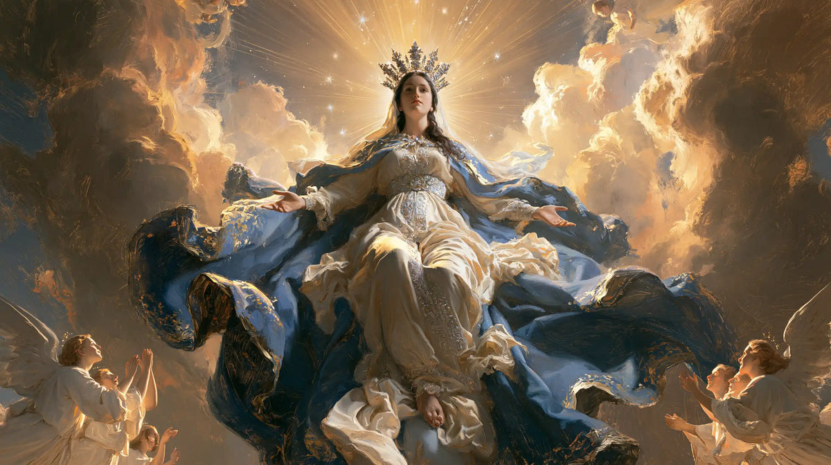 Mary glorified as Queen of Heaven in Heavenly Glory style, landscape Christian artwork no. 22