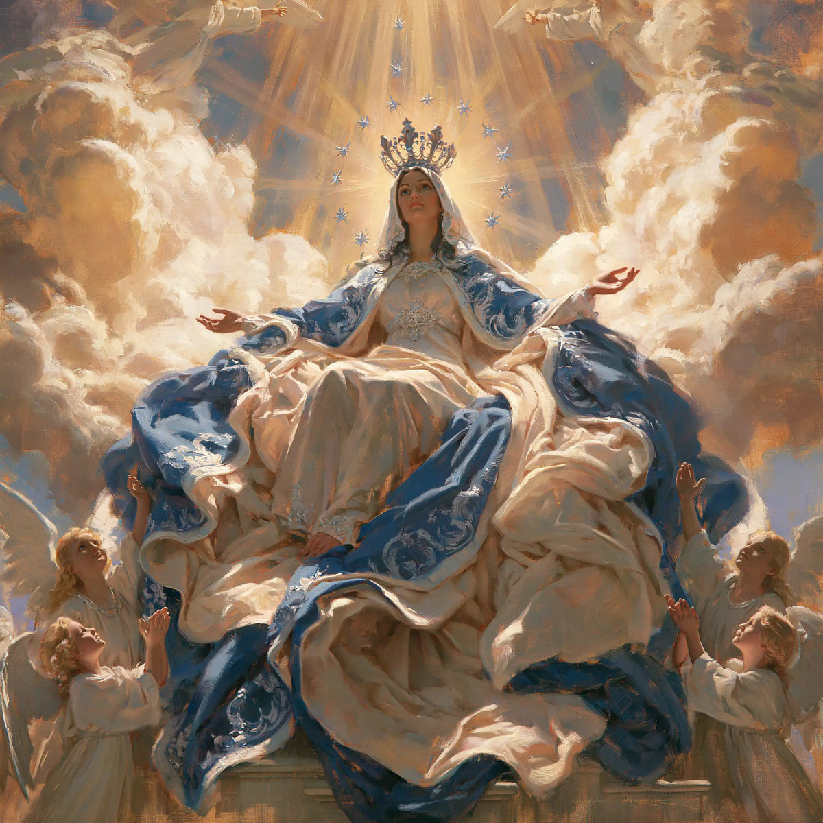 Mary glorified as Queen of Heaven in Heavenly Glory style, square Christian artwork no. 2
