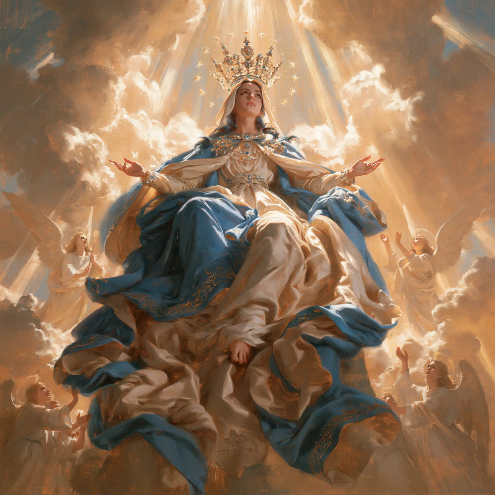 Mary glorified as Queen of Heaven in Heavenly Glory style, square Christian artwork no. 3