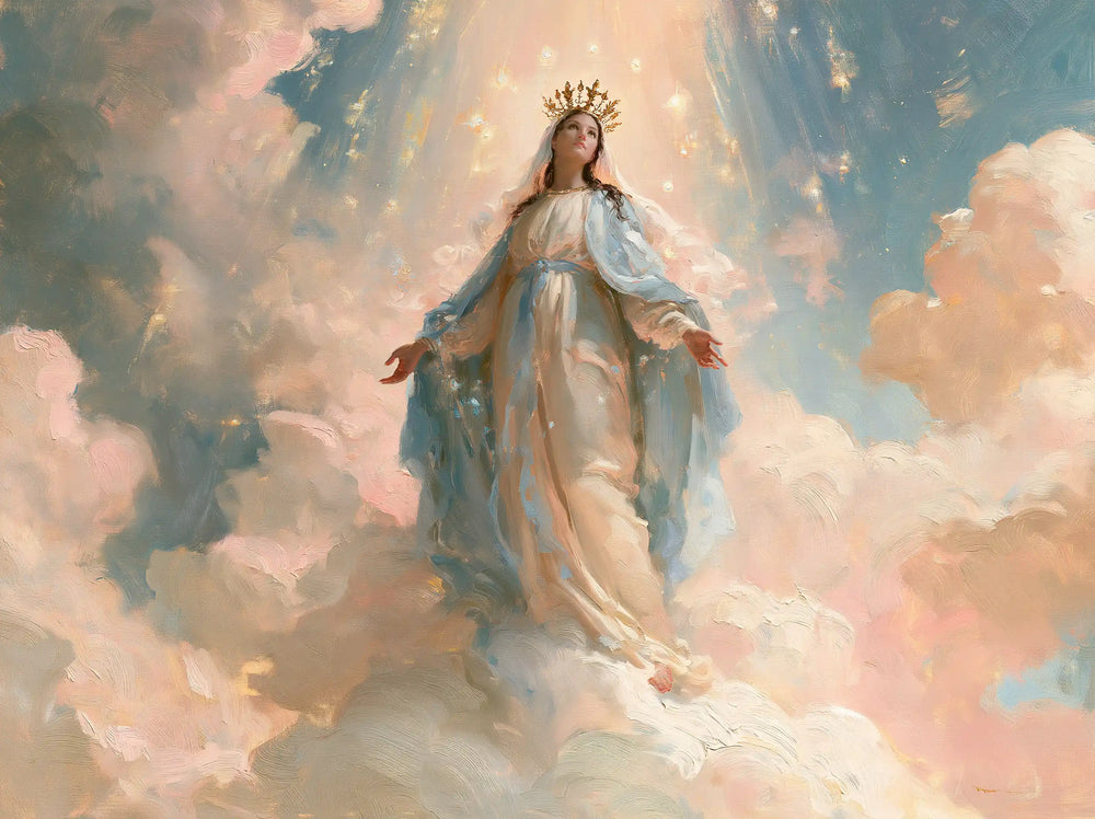 Mary as Queen of Heaven in an impressionist atmosphere in Impressionist style, landscape Christian artwork no. 1