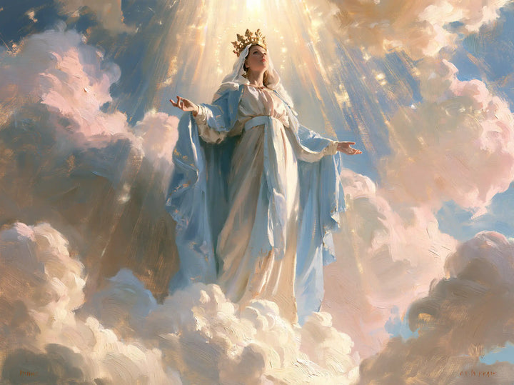 Mary, Queen of Heaven — Blue Sleeves Beneath Sheaves of Light