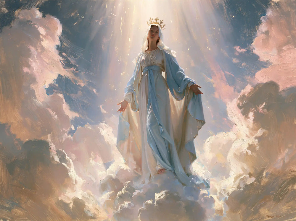 Mary as Queen of Heaven in an impressionist atmosphere in Impressionist style, landscape Christian artwork no. 8