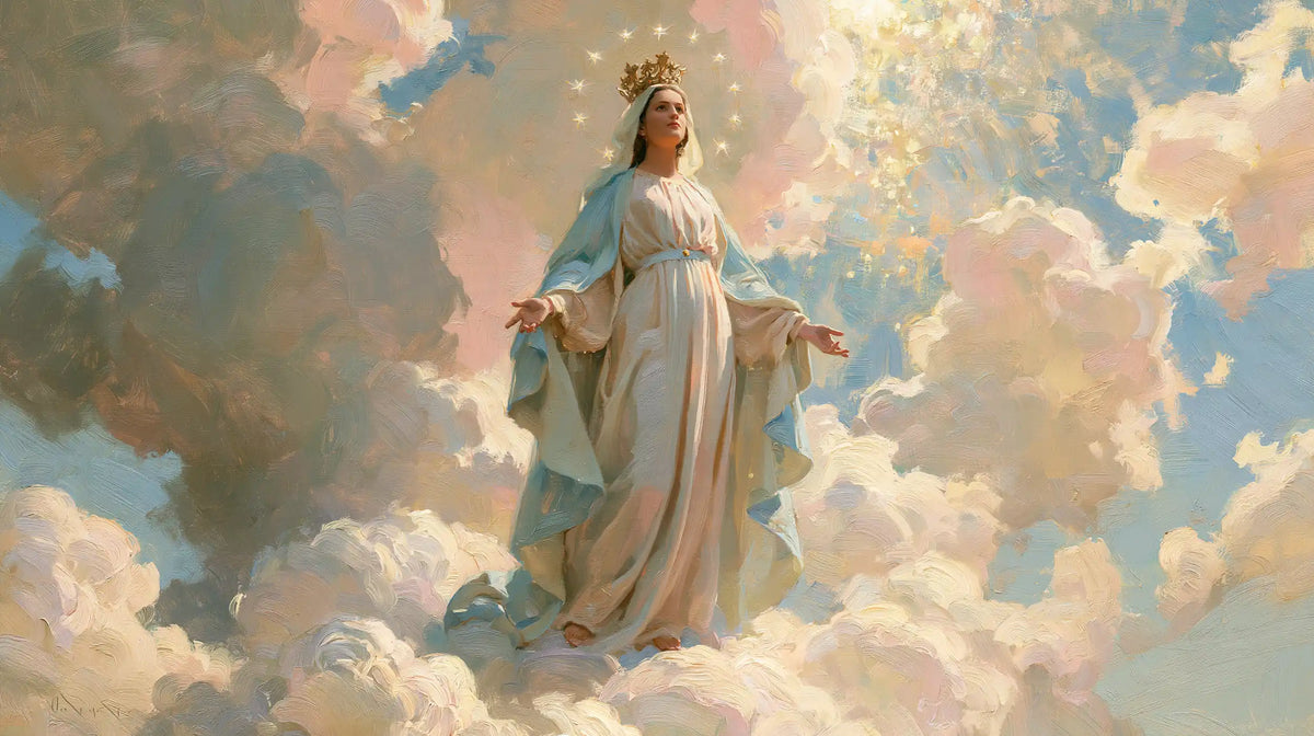 Mary as Queen of Heaven in an impressionist atmosphere in Impressionist style, landscape Christian artwork no. 11