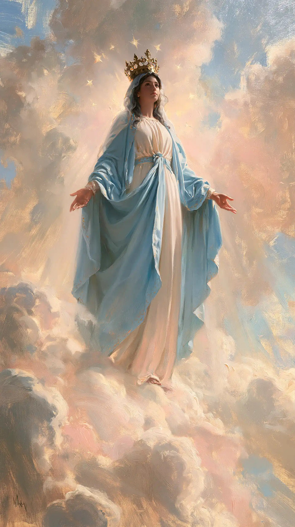 Mary as Queen of Heaven in an impressionist atmosphere in Impressionist style, portrait Christian artwork no. 1