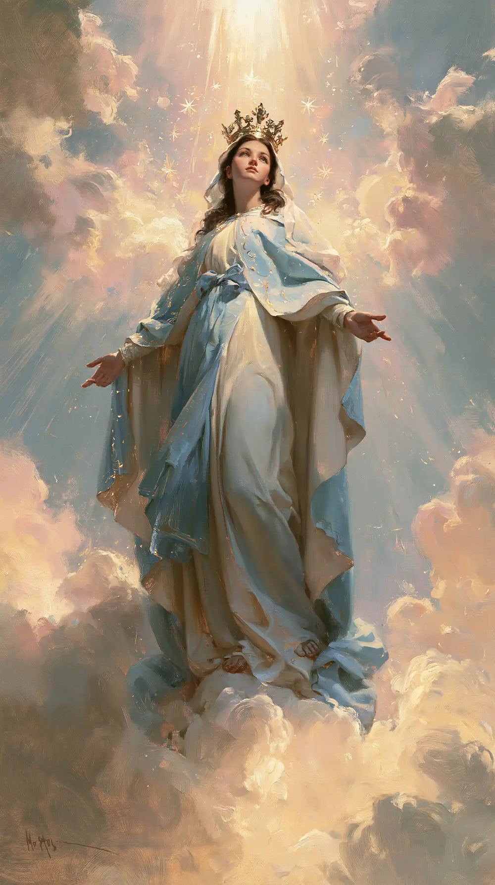 Mary as Queen of Heaven in an impressionist atmosphere in Impressionist style, portrait Christian artwork no. 2