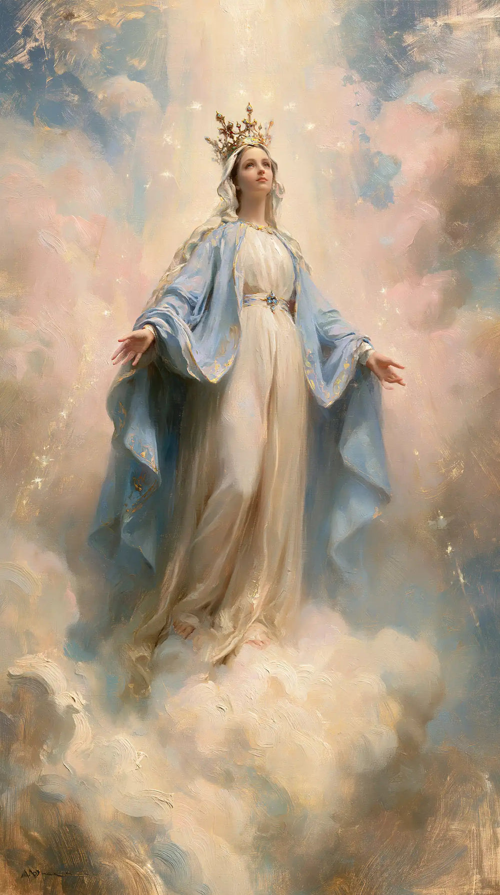 Mary as Queen of Heaven in an impressionist atmosphere in Impressionist style, portrait Christian artwork no. 4
