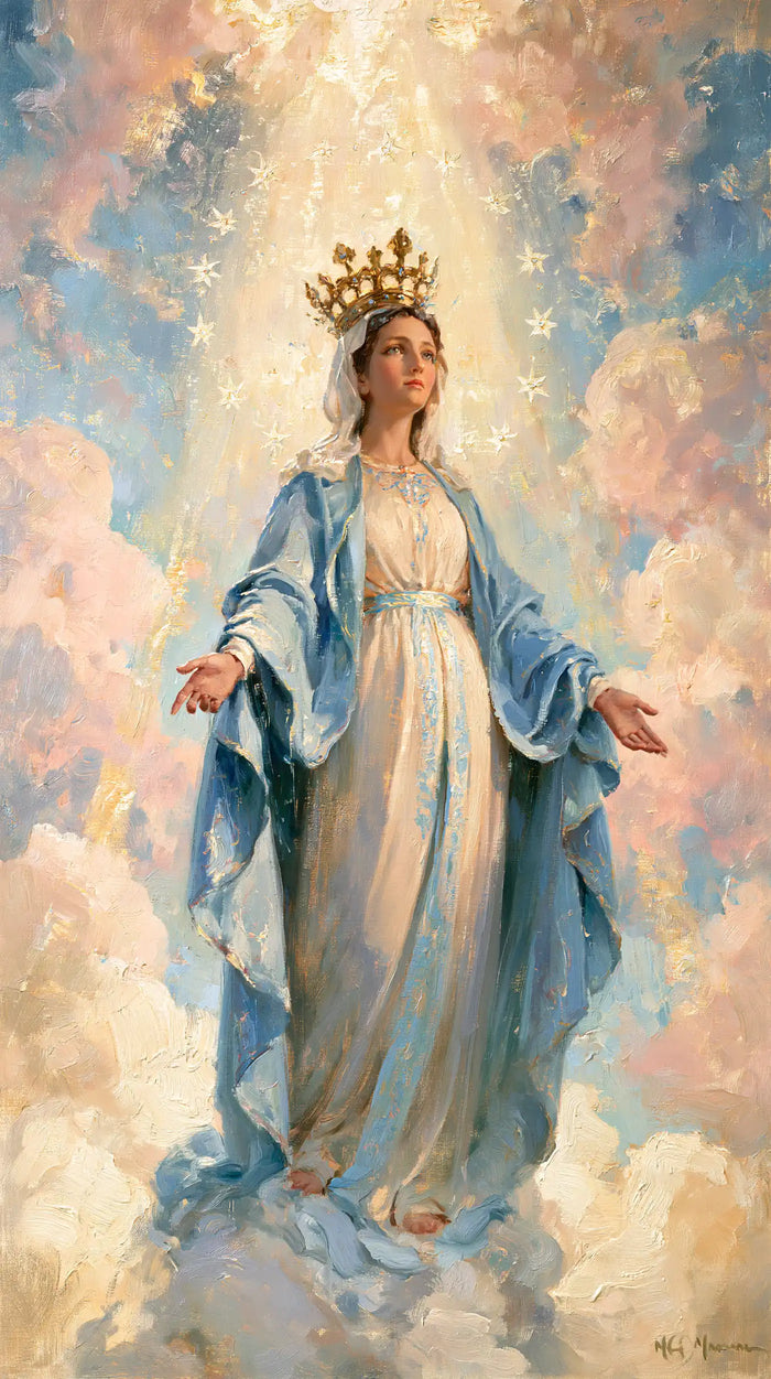 Mary, Queen of Heaven — The Amber Crown Among Pink Brushstrokes