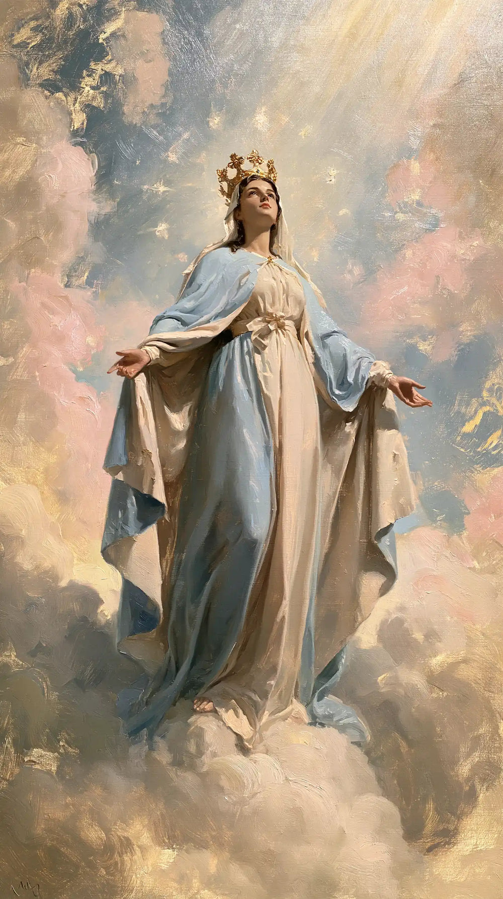 Mary as Queen of Heaven in an impressionist atmosphere in Impressionist style, portrait Christian artwork no. 8