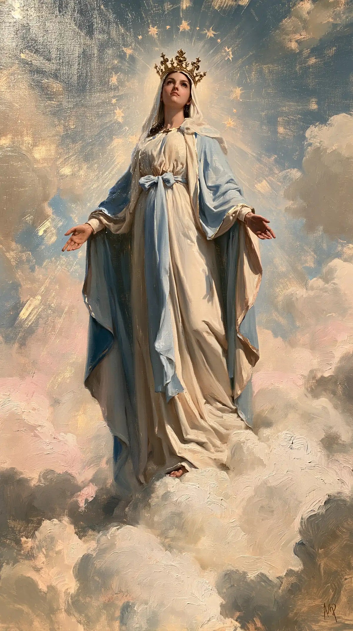 Mary as Queen of Heaven in an impressionist atmosphere in Impressionist style, portrait Christian artwork no. 26