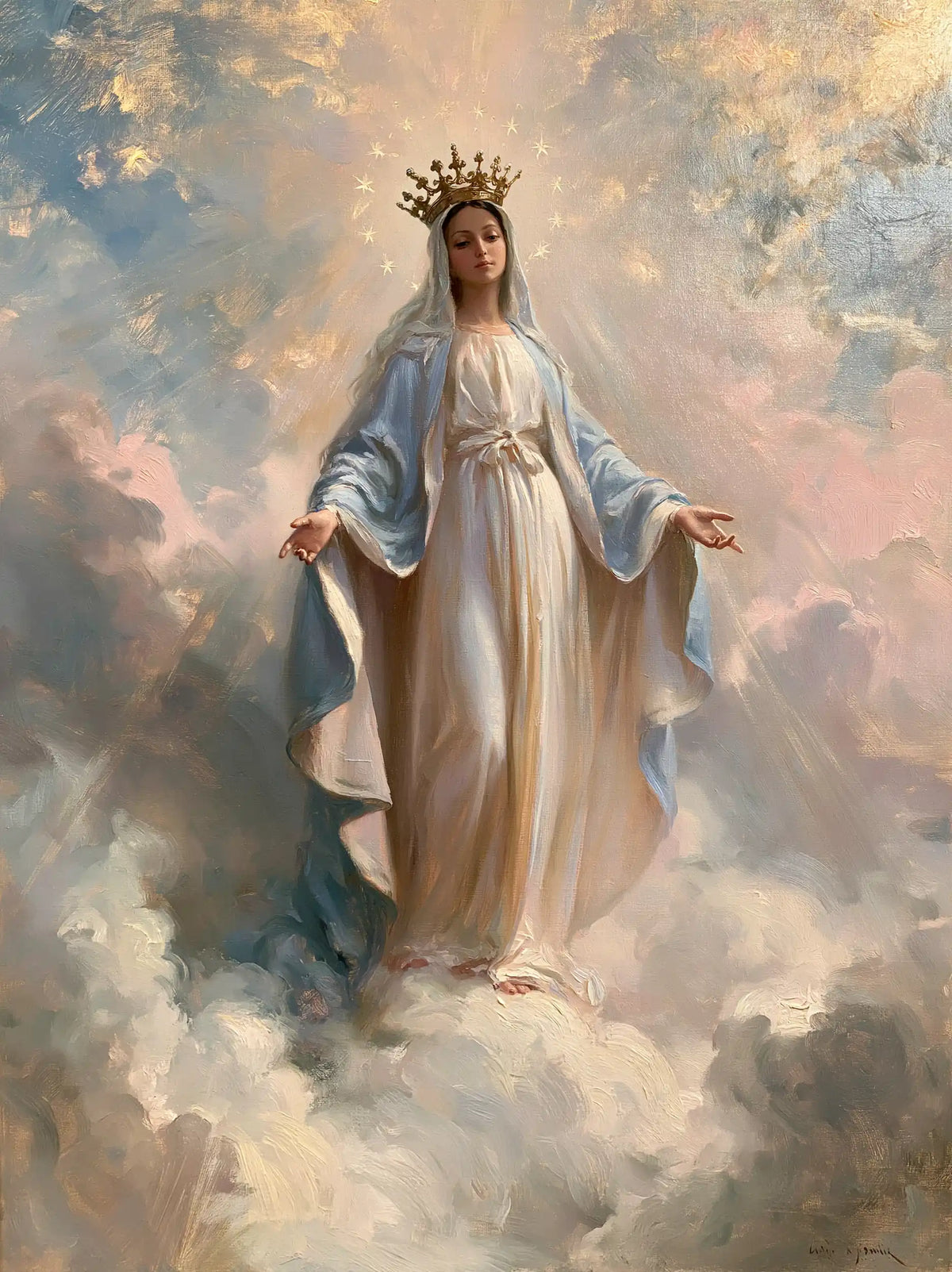 Mary as Queen of Heaven in an impressionist atmosphere in Impressionist style, portrait Christian artwork no. 29