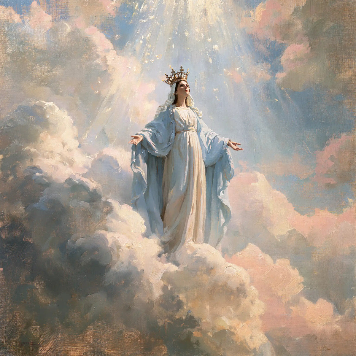 Mary as Queen of Heaven in an impressionist atmosphere in Impressionist style, square Christian artwork no. 1