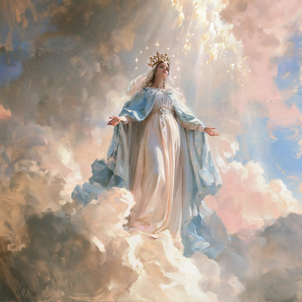 Mary as Queen of Heaven in an impressionist atmosphere in Impressionist style, square Christian artwork no. 2