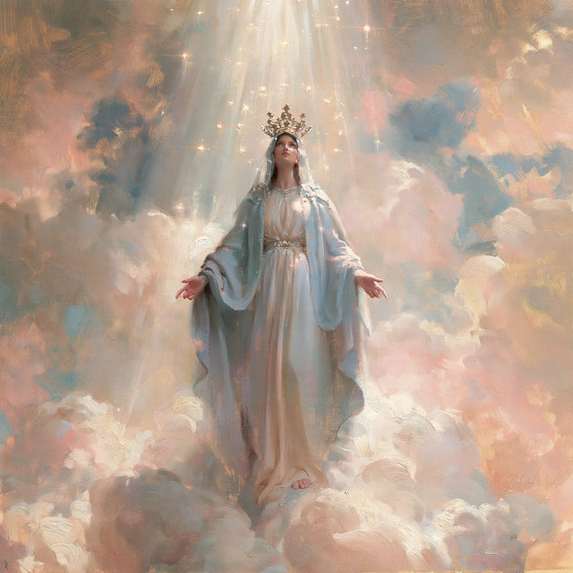 Mary, Queen of Heaven — The Pearl Robe in the Apricot Sky