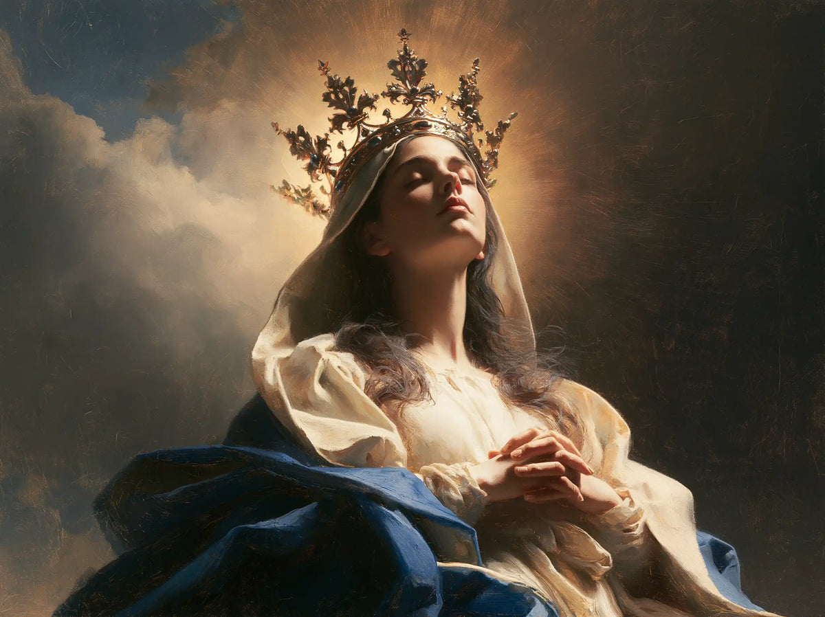 Mary as Queen of Heaven surrounded by divine light in Mary as Divine Light style, landscape Christian artwork no. 4