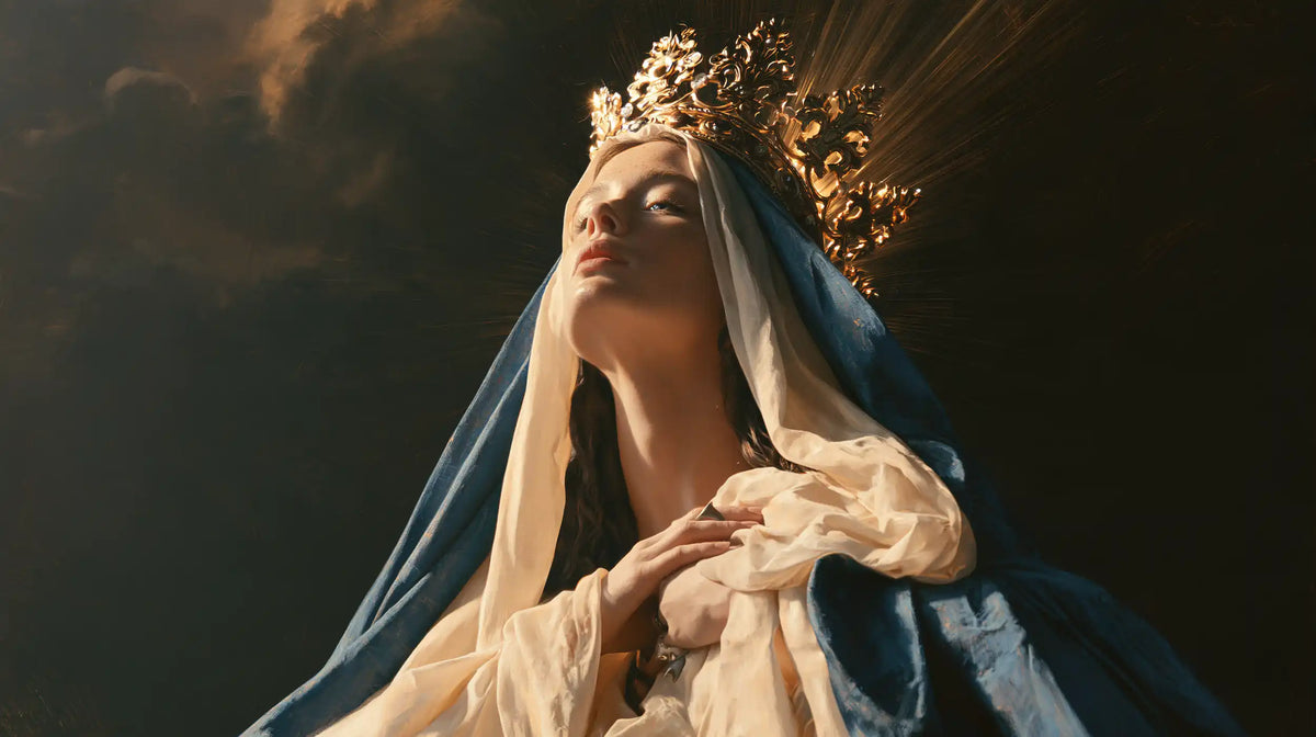 Mary as Queen of Heaven surrounded by divine light in Mary as Divine Light style, landscape Christian artwork no. 8