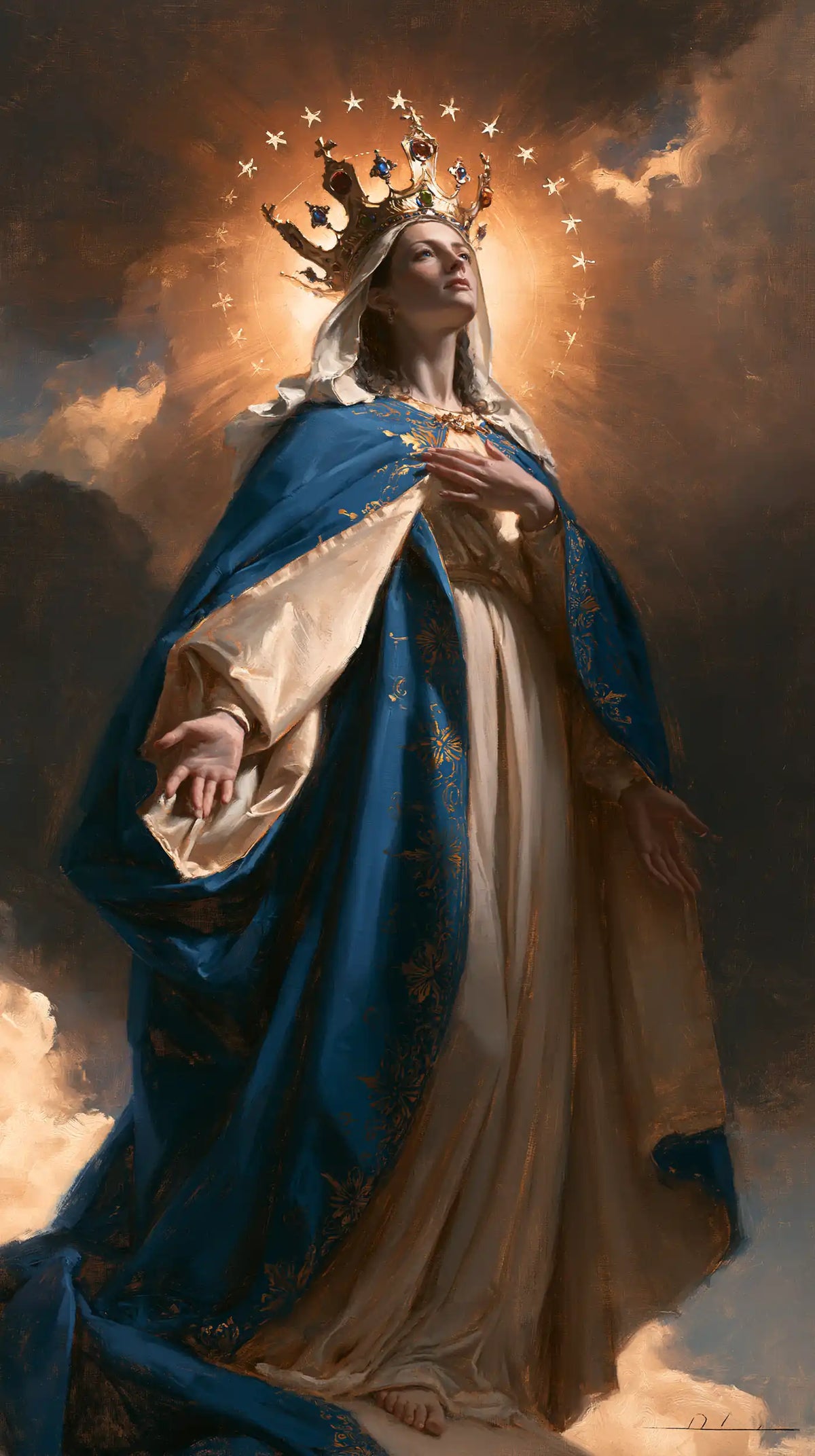 Mary as Queen of Heaven surrounded by divine light in Mary as Divine Light style, portrait Christian artwork no. 3